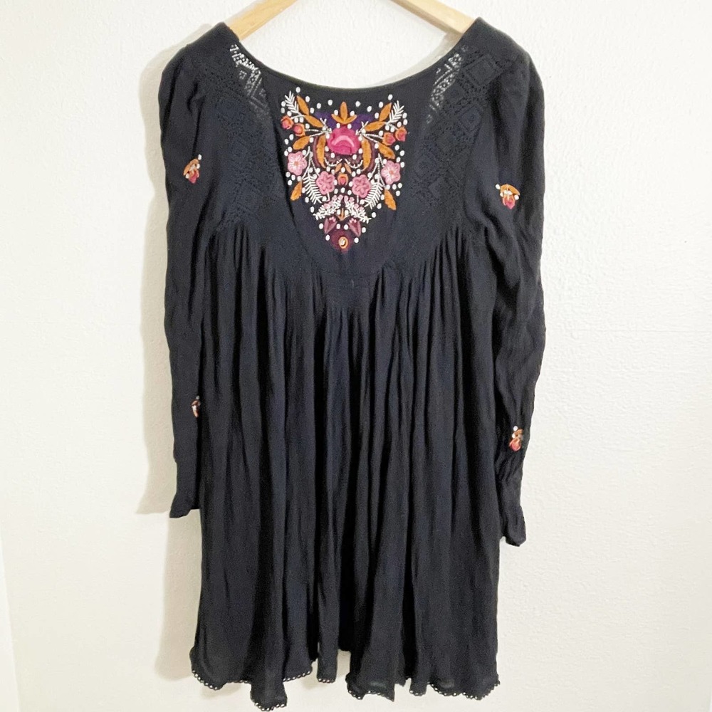 Black Mini Dress Long Sleeve Floral Embroidery